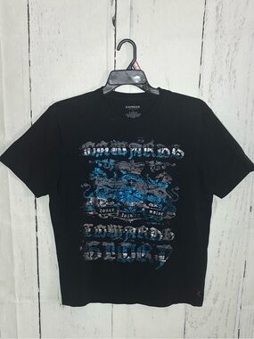 Express Black Short Sleeve Graphic Tee with Blue and Gray Print